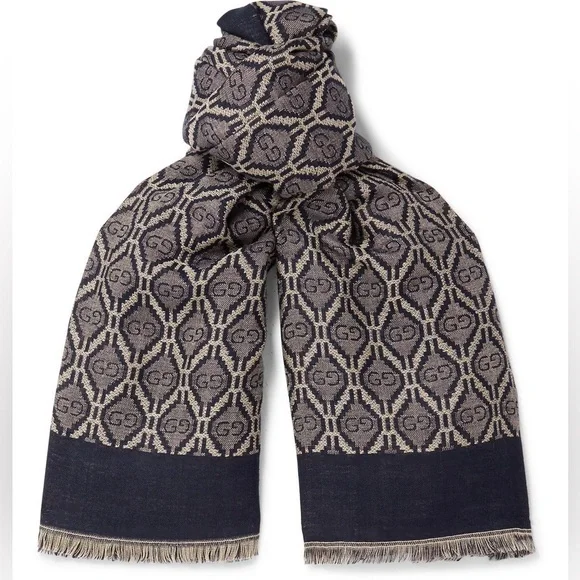 New Gucci GG monogram Fringed Logo-Jacquard Cotton Wool Silk-Blend Scarf - Picture 1 of 11